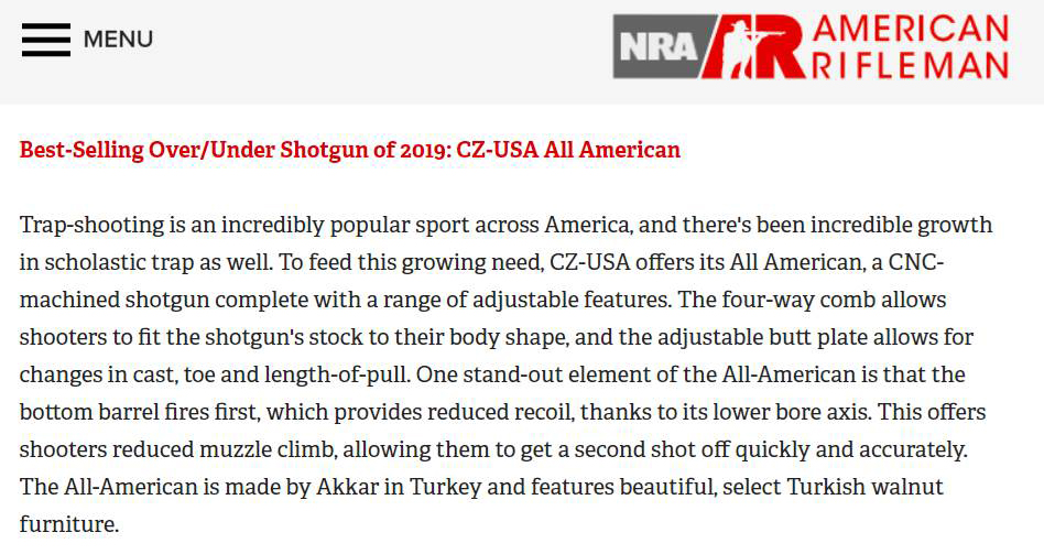 2019‘un en çok satan av tüfeği: CZ-USA All American